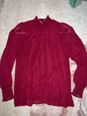 Gibson Look Burgundy Swiss Dot Smocked Neck Long Sleeve Blouse